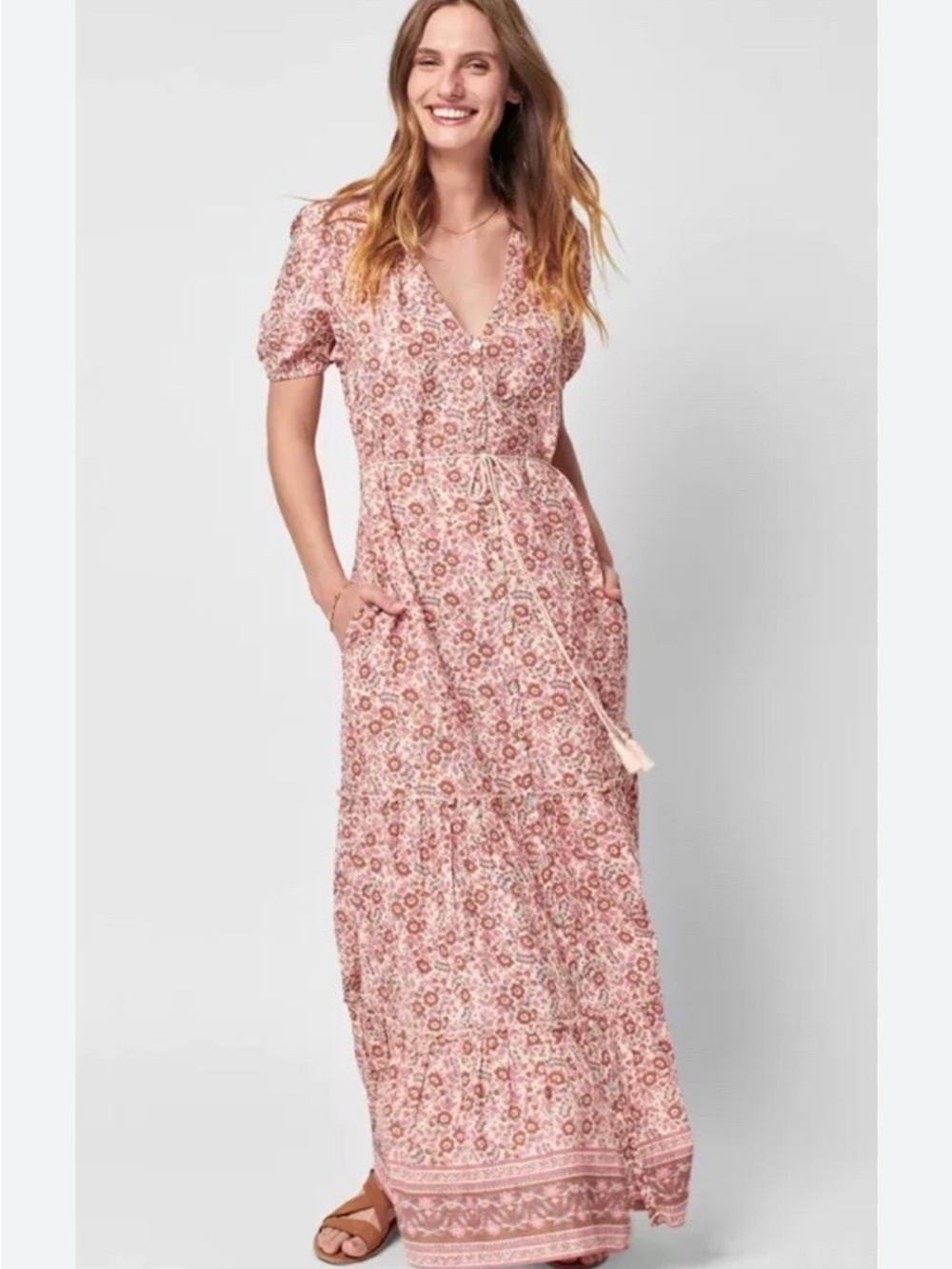 Faherty Pink Floral Drawstring V-Neck Maxi Dress